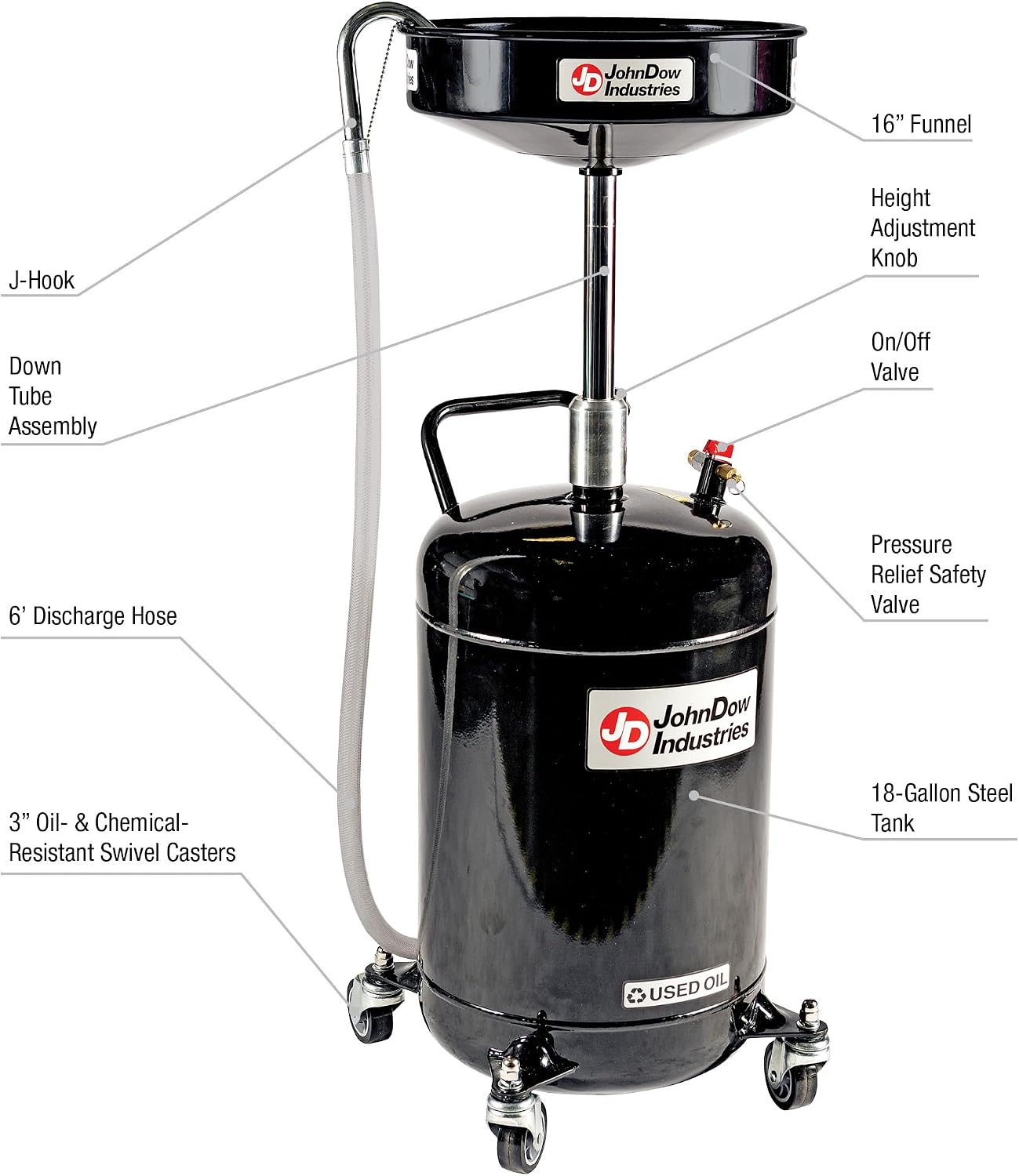 JohnDow Industries JDI-18DC 18-Gallon Self-Evacuating Portable Oil Drain with Auto-Check Technology, Adjustable 36-59' Height, 16' Funnel & 6' Hose – Heavy-Duty Waste Oil Drain for Auto Shops