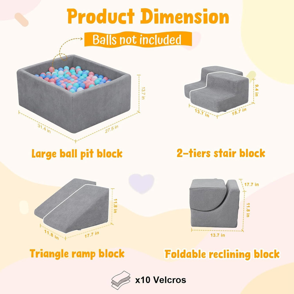 Baby Climbing Blocks with Ball Pit, 6-Piece Foam Climb & Crawl Play Set for Toddlers 1–3, Modular Soft Play Equipment with Washable Cover, Indoor Activity Toys, Gray (Balls Not Included)