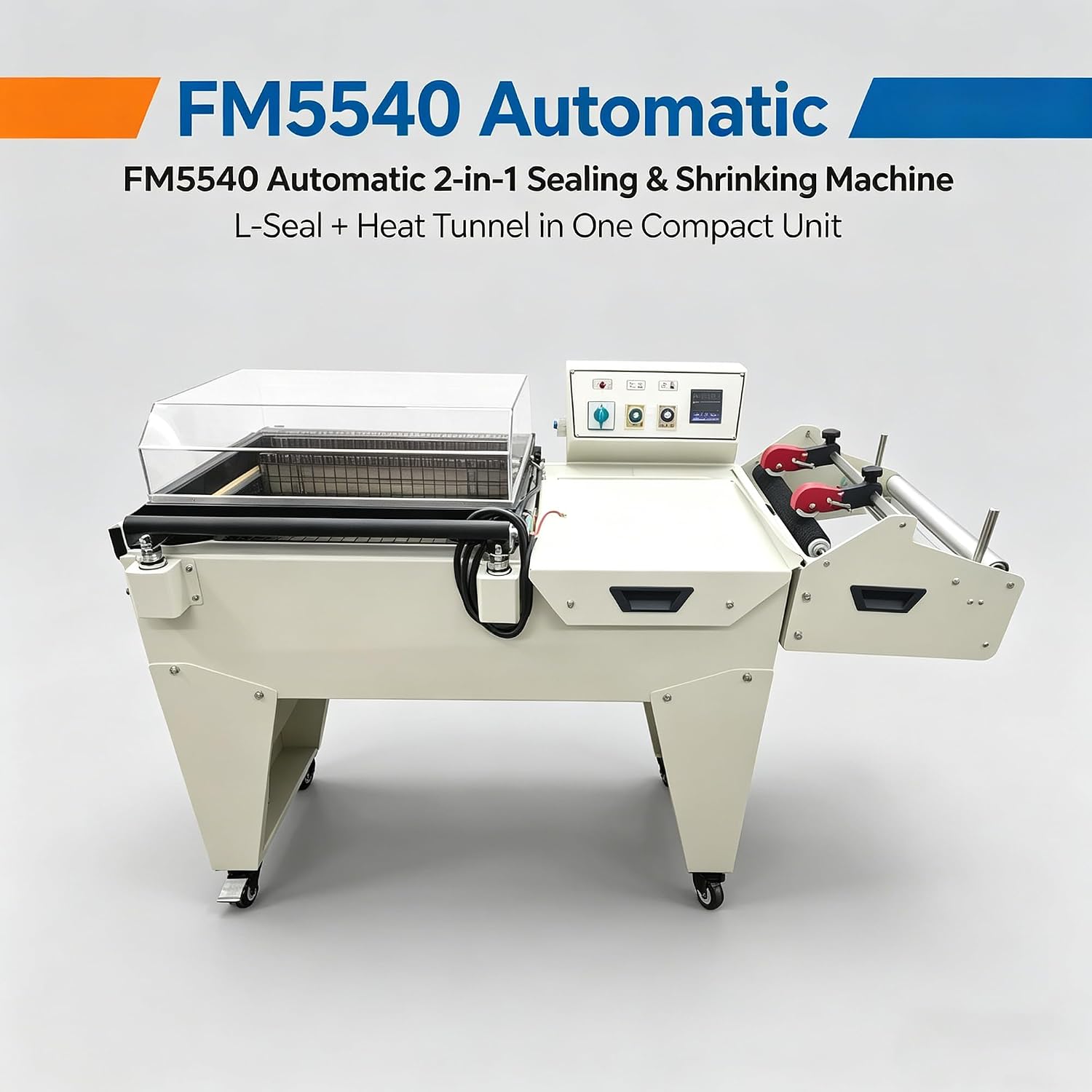 INTBUYING Automatic 2 in 1 Automatic Sealing & Cutting Thermal Shrink Machine L-Shape Sealer & Heat Shrink Tunnel Combo for POF/PVC/PP Film, 3800W for Home Factory School Business FM5540 220V/1PH