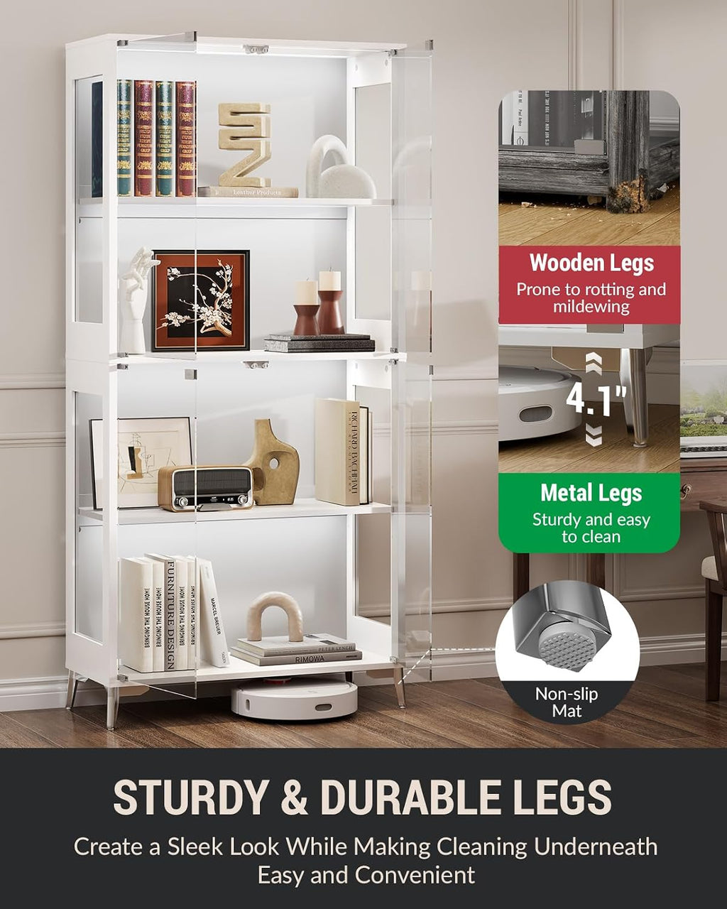 Glass Display Cabinet with Doors, 4-Tier Storage & Display Case with Adjustable Shelves, RGB LED Lights with APP & Remote Control, Metal Base Curio Cabinet for Collectibles & Living Room Furniture