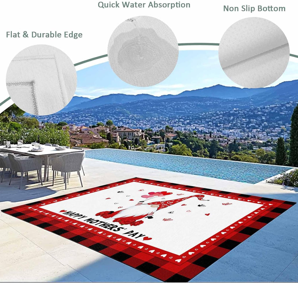 Outdoor Rug 4x6ft Mother's Day Carnation Dwarf Red Buffalo Check Patio Area Rugs Waterproof Easy Cleaning Non Shedding Thick Mats Black Carpet for Indoor Outdoor Porch Deck Backyard Balcony