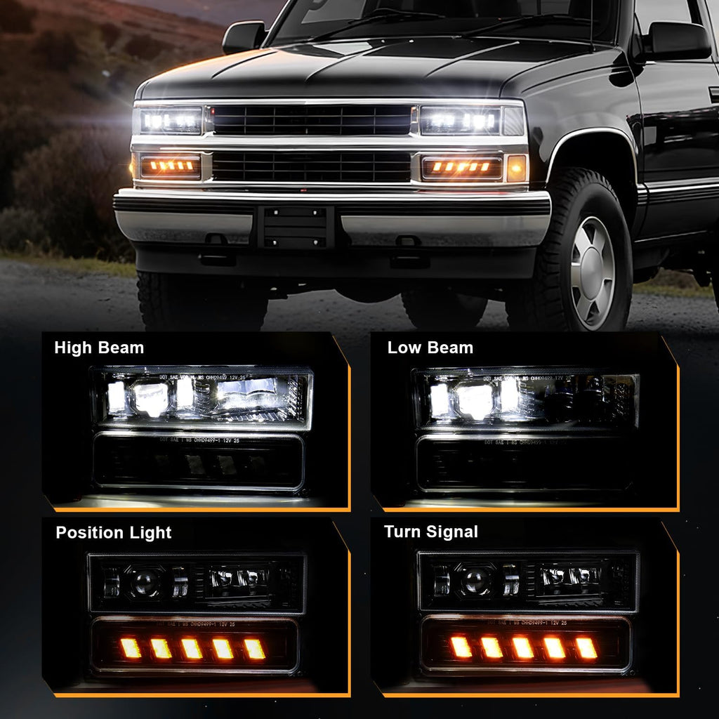 RAMJET4X4 DOT LED Headlight Assembly Hi/Low Beam Turn Signal Fit for 1988-1998 Chevy GMC C/K 1500 2500 3500 Silverado Suburban Tahoe Yukon Sierra OBS Truck
