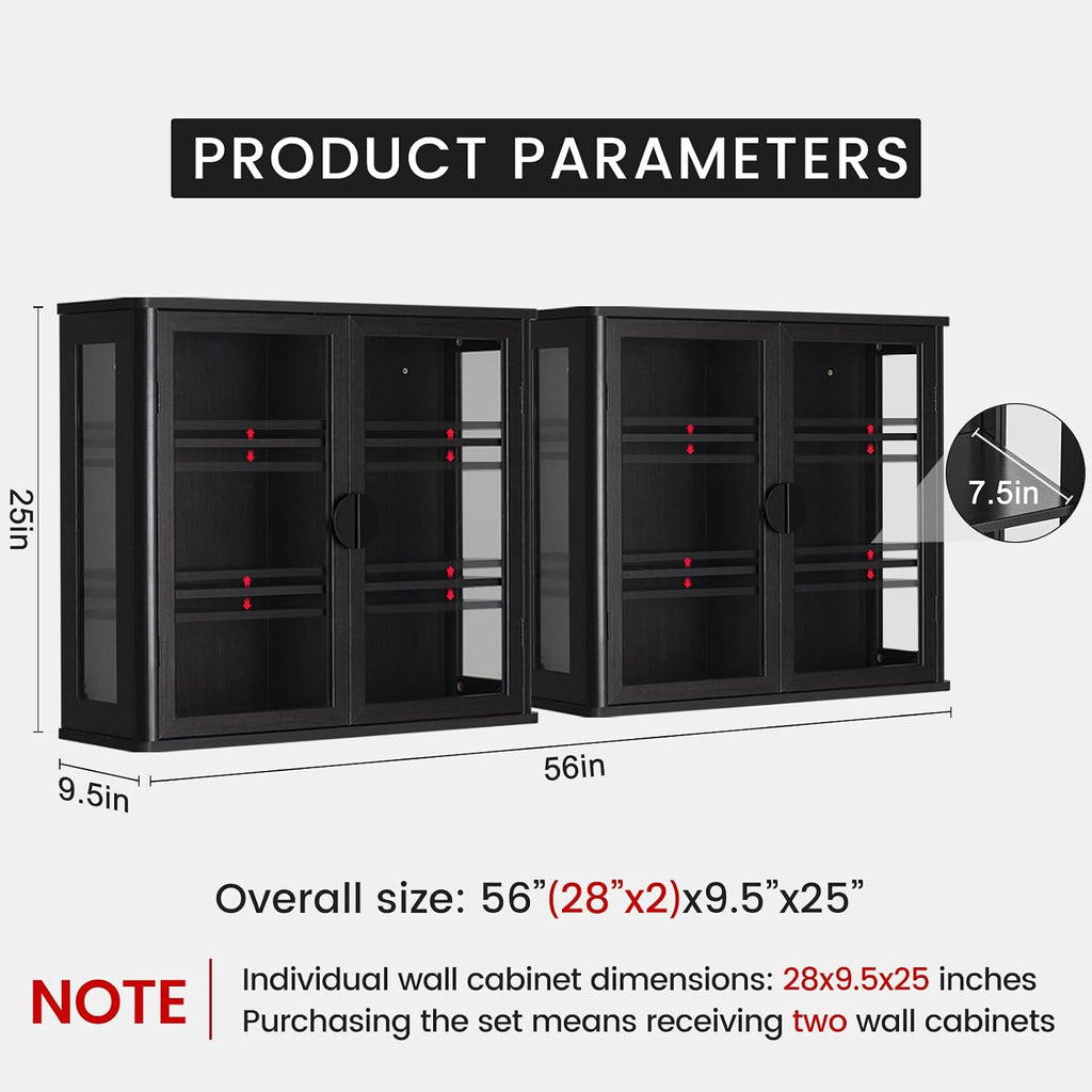 NEWOWNDS 56' Black Wall Storage Cabinets,Kitchen Wall Cabinets with Glass Doors,Over The Toilet Storage Cabinets with Tempered Glass, Upper cabinets for Launtry, Kitchen,Bathroom, 28 inch X 2PCS