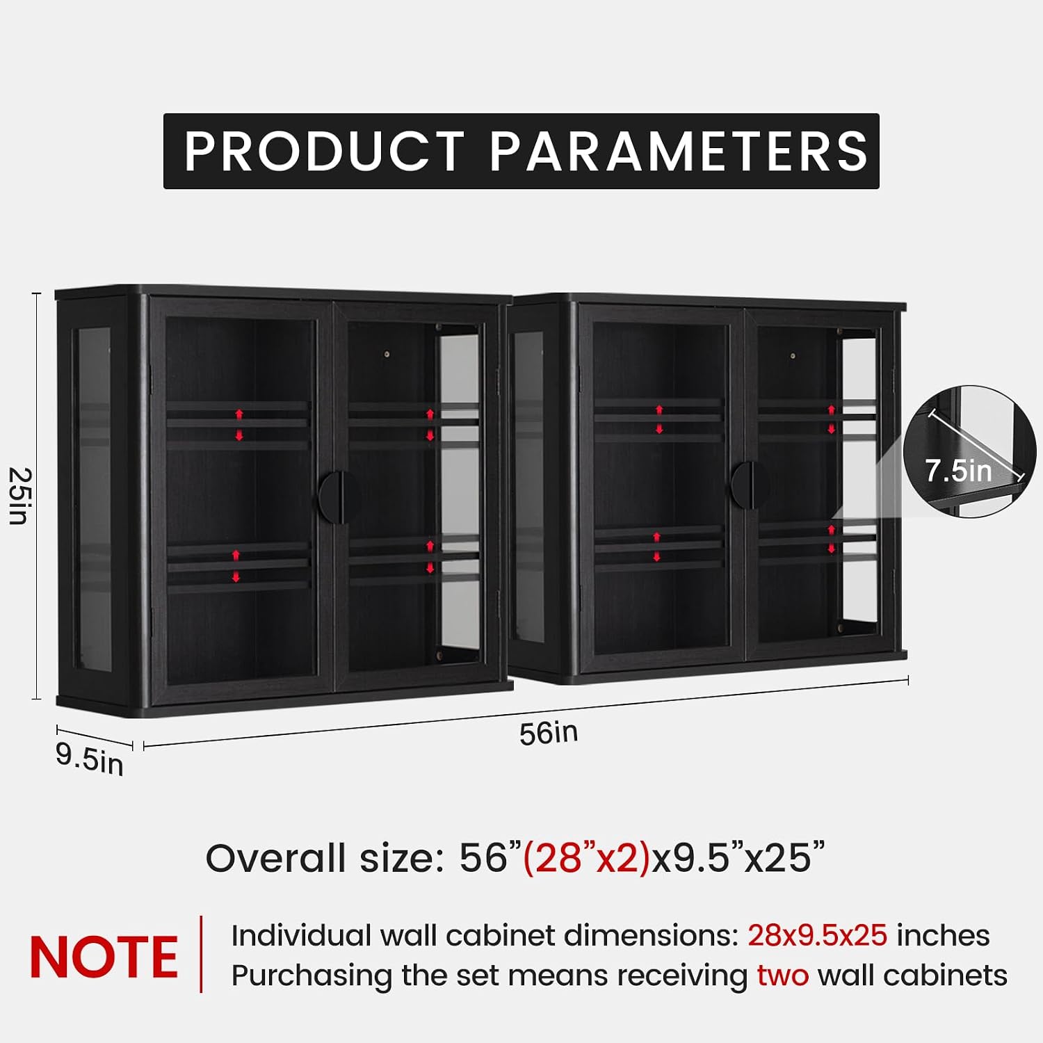 NEWOWNDS 56' Black Wall Storage Cabinets,Kitchen Wall Cabinets with Glass Doors,Over The Toilet Storage Cabinets with Tempered Glass, Upper cabinets for Launtry, Kitchen,Bathroom, 28 inch X 2PCS