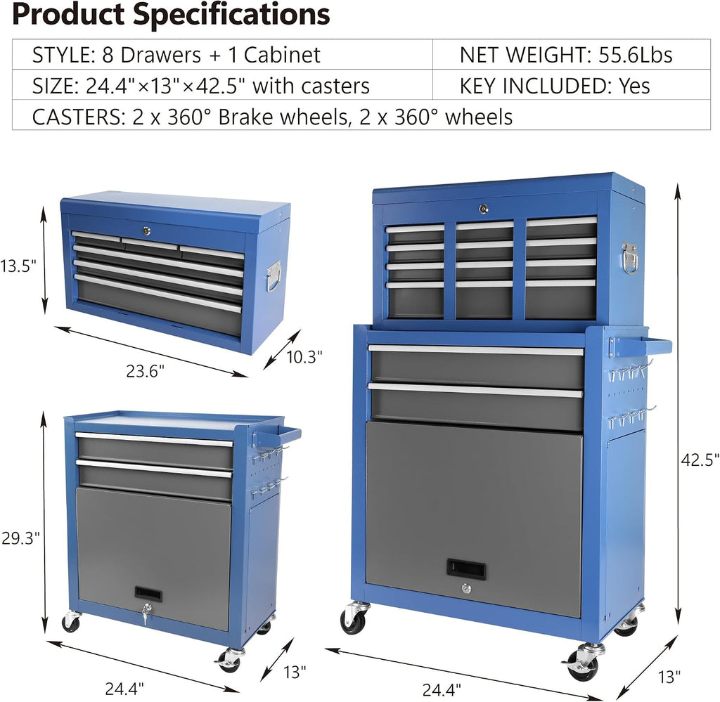 8-Drawer Rolling Tool Chest with Wheels, Large Mobile Steel Tool Storage Organizer with Lock&Liner for Warehouse, Workshop