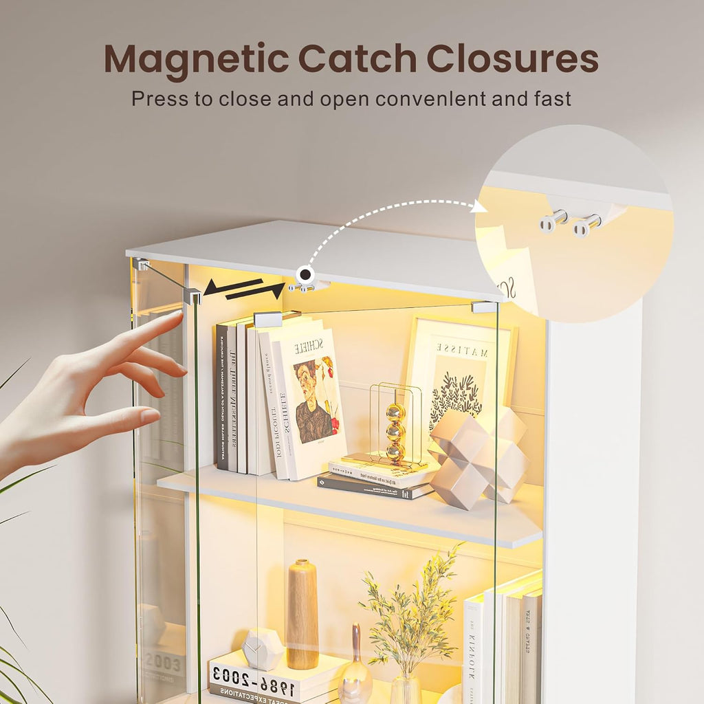 HNEBC White Display Cabinet with Glass Door,Lighted 4-Tier Curio Cabinet with3 Color Lights for Collectibles Bookcases,66' Display Case with Human Body Sensor for Living Room/Game Room