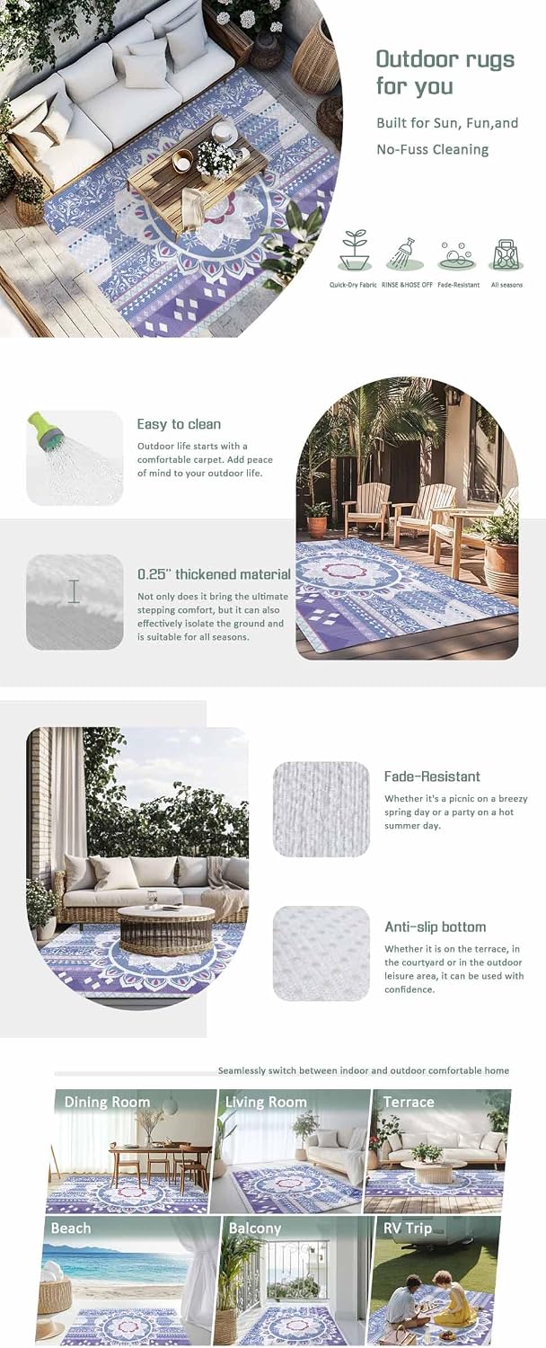 Outdoor Rug 4x6ft Lavender Bohemia Flower Texture Patio Area Rugs Waterproof Easy Cleaning Non Shedding Thick Mats Geometric Carpet for Indoor Outdoor Porch Deck Backyard Balcony