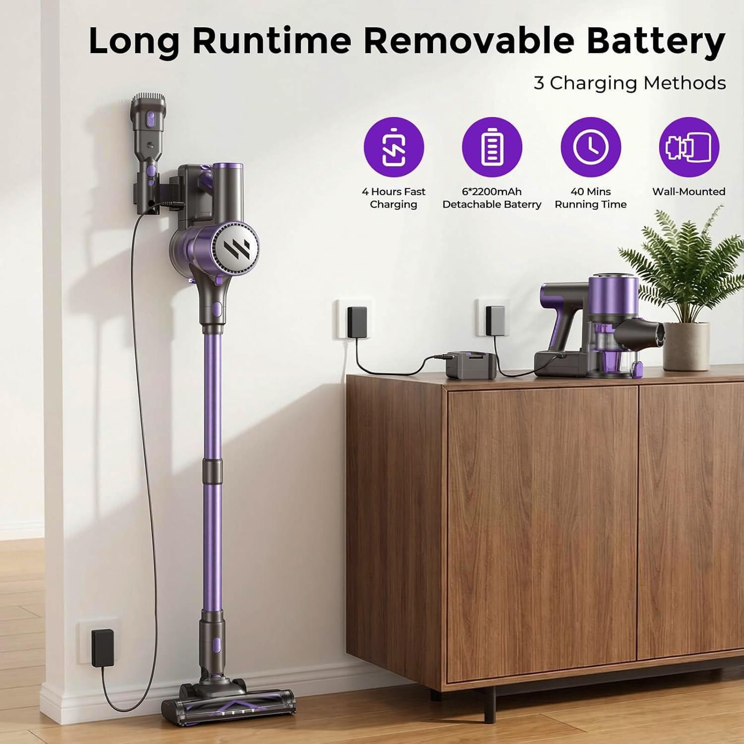 Cordless Vacuum Cleaner,Vacuum Cleaner for Home with Brushless Motor,Lightweight Stick Vacuum with Self-Standing and Touch Screen,Hardwood Floor Vacuum for Pet Hair,Carpets,Tile(Classic Purple)
