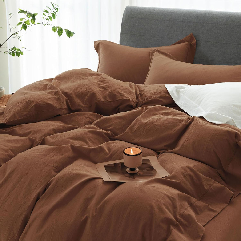 Cooling Duvet Cover Set 3 Pieces-100% Washed Cotton with Chic Wide Trim Design Linen Like Textured Ultra Soft Cozy Bedding with Zipper Closure(Hemmed Dark Orange,Oversized King 120'x98')