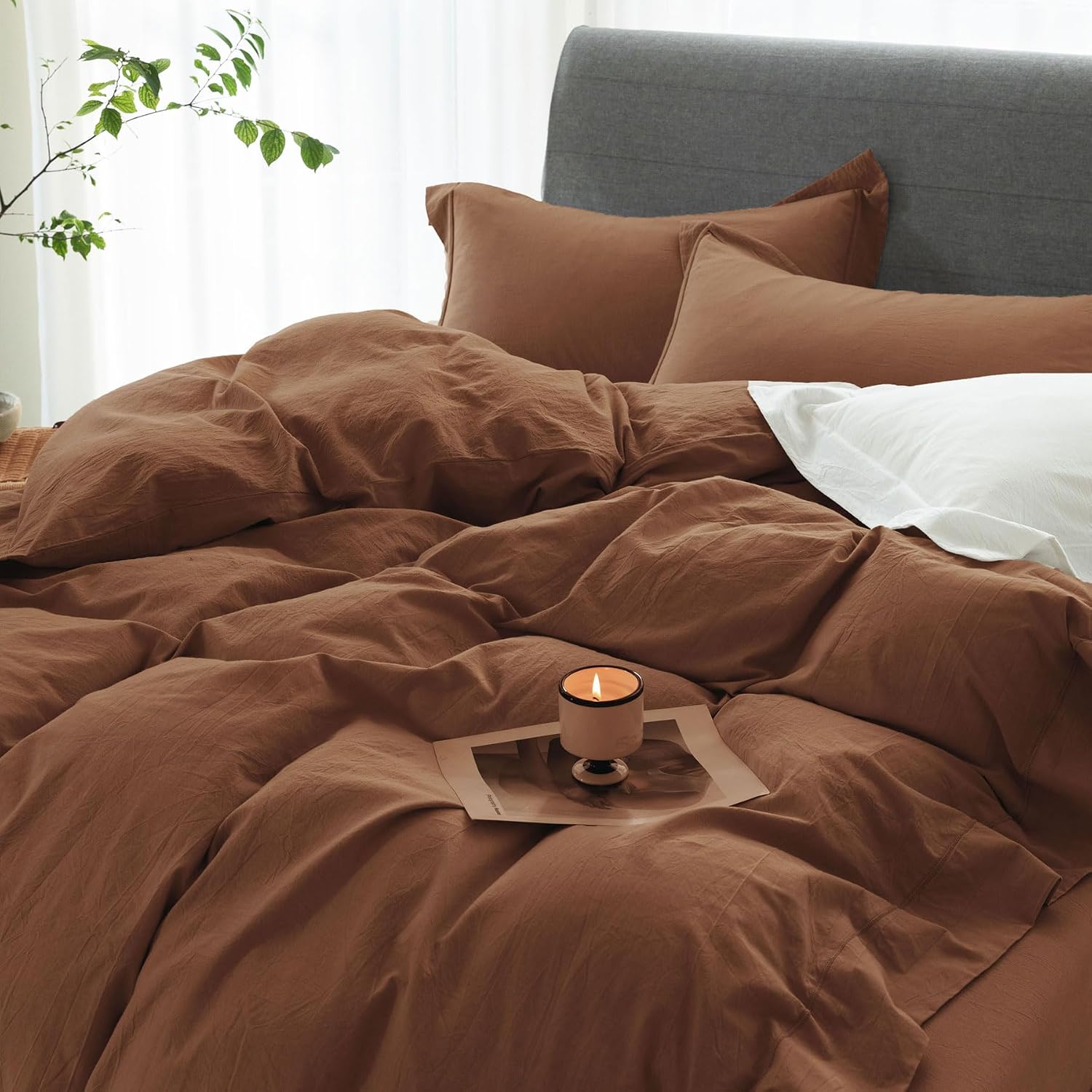 Cooling Duvet Cover Set 3 Pieces-100% Washed Cotton with Chic Wide Trim Design Linen Like Textured Ultra Soft Cozy Bedding with Zipper Closure(Hemmed Dark Orange,Oversized King 120'x98')