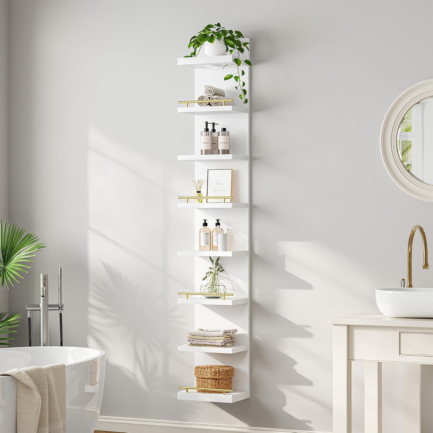 DurayLoly 2 Pack 8 Tier Wall Shelf Unit, White Floating Shelves, Display Shelf with LED Light, Floating Shelf for Living Room, Bedroom or Vanity Storage