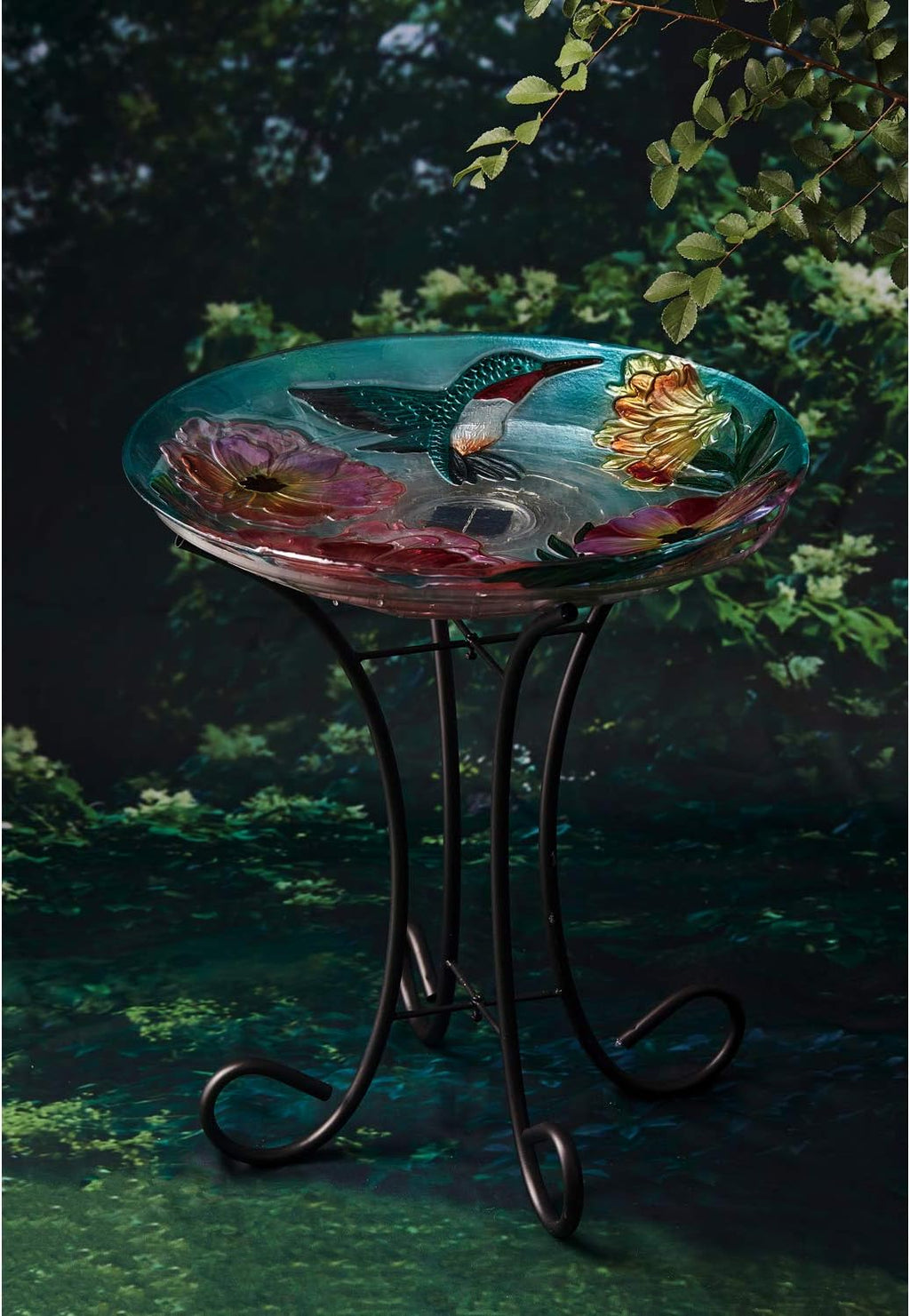 Evergreen Garden 18' Solar Hand Painted Embossed Glass Bird Bath with Stand, Floral Hummingbird Garden Décor and Accessories for Home and Yard