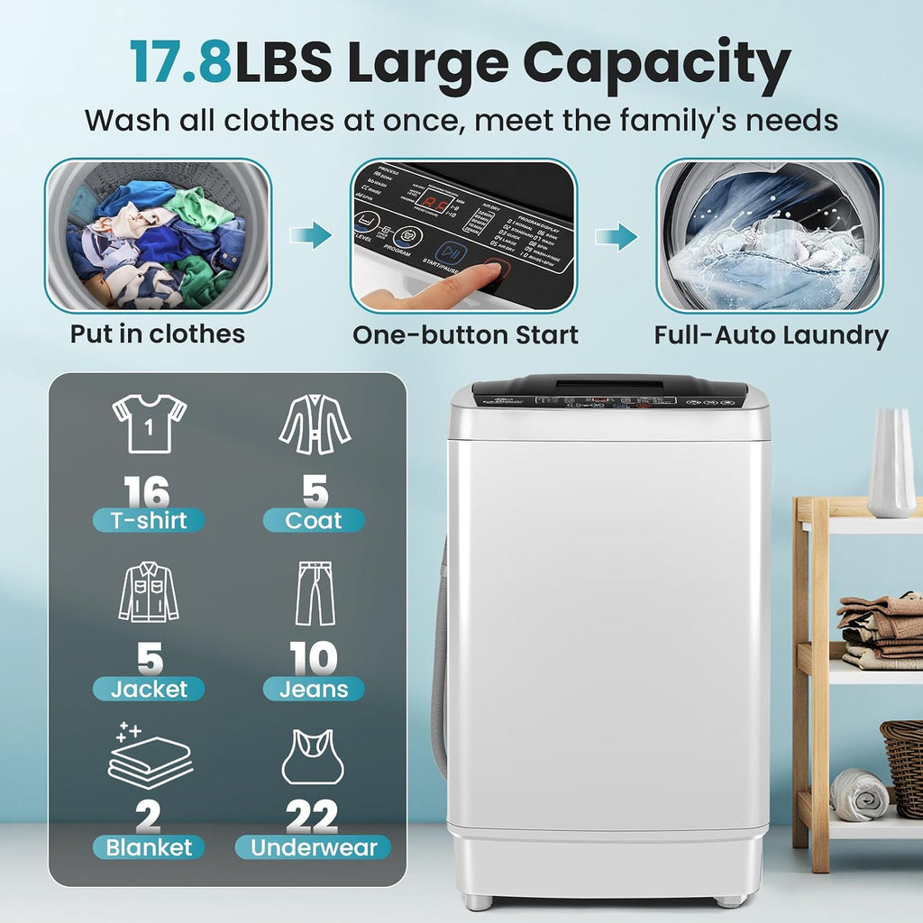 Nictemaw 2.4 Cu.ft Portable Washing Machine, 17.8 lbs Capacity Full Automatic Washing Machine with 10 Wash Programs, LED Display & Drain Pump, Portable Washer for Apartments, RV, Dorm, Home, Off-white