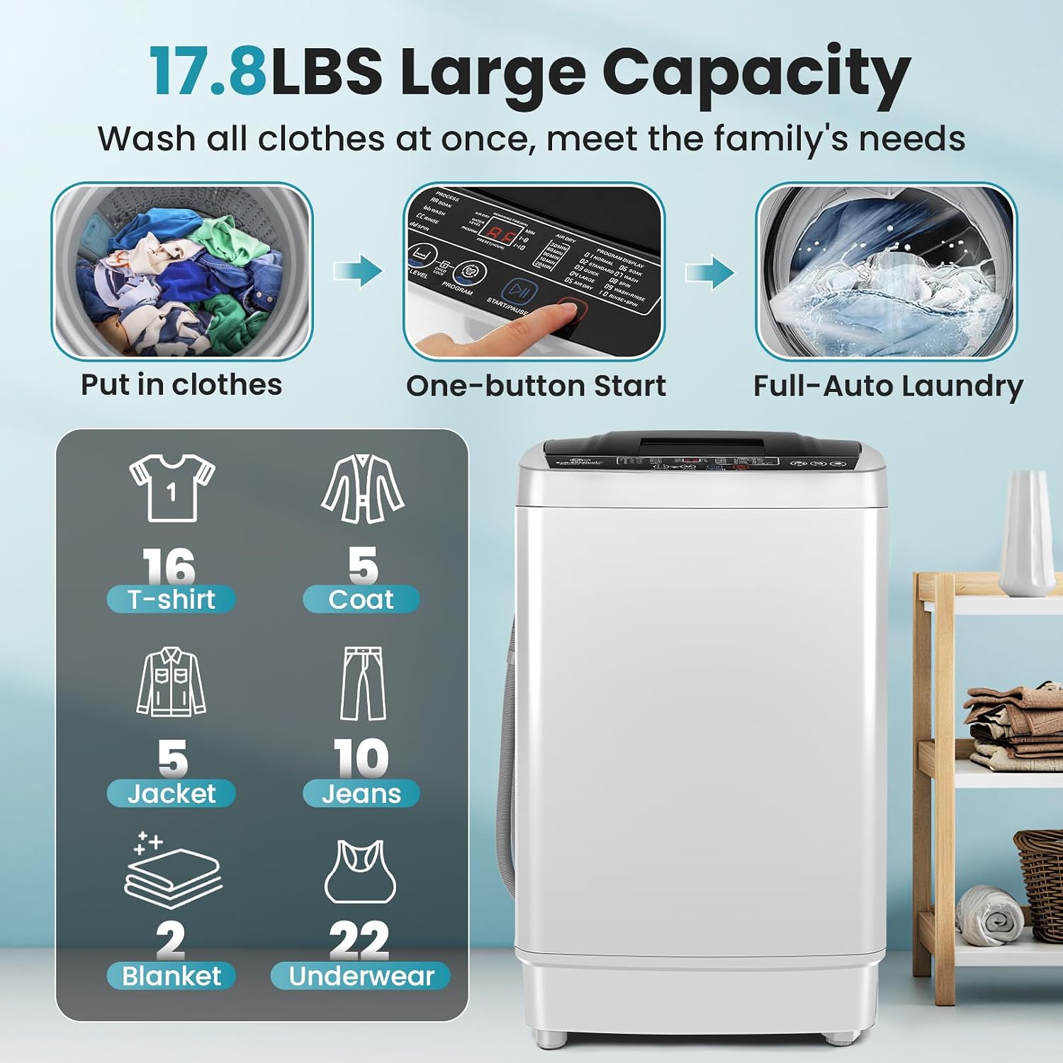 Nictemaw 2.4 Cu.ft Portable Washing Machine, 17.8 lbs Capacity Full Automatic Washing Machine with 10 Wash Programs, LED Display & Drain Pump, Portable Washer for Apartments, RV, Dorm, Home, Off-white