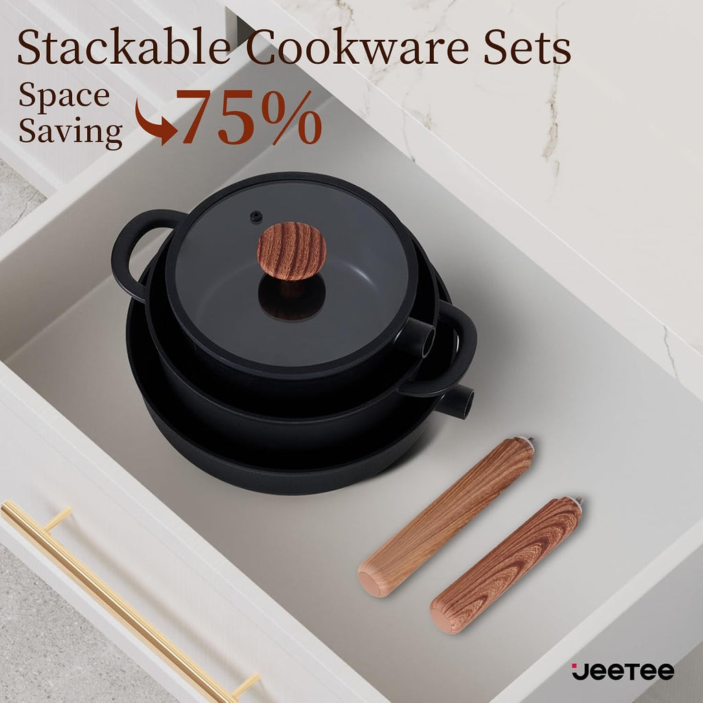 JEETEE Ceramic Cookware Set, 15 PCS Pots and Pans Set Non Stick with Removable Handles, Non Toxic Induction Kitchen Cookware Sets, Oven Safe PFAS/PFOA Free Black