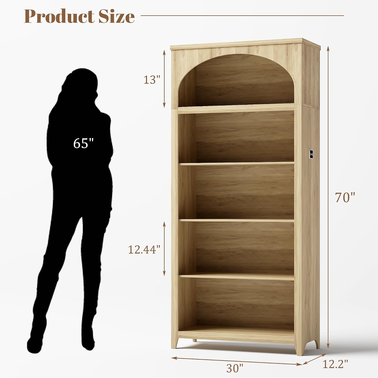 2pc LED Arched Bookshelf with Lights - 70'' Tall Bookcase with Storage, 5-Tier Floor Standing Modern Display Shelf for Living Room, Office, Study Room, Entryway, Ideal Gift, Natural Oak