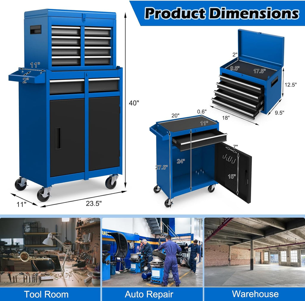 Rolling Tool Chest, 5-Drawer Tool Storage Cabinet with Wheels, Adjustable Shelf & Anti-Slip Liner, Tool Box Organizer for Garage, Warehouse & Workshop (Blue+Black)