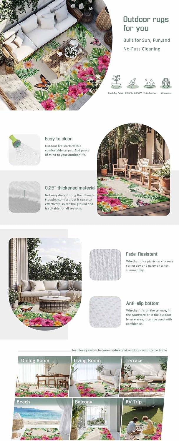 Outdoor Rug 6x9ft Vintage Tropical Plants Butterflies Patio Area Rugs Waterproof Easy Cleaning Non Shedding Thick Mats Gardenia Flower Carpet for Indoor Outdoor Porch Deck Backyard Balcony