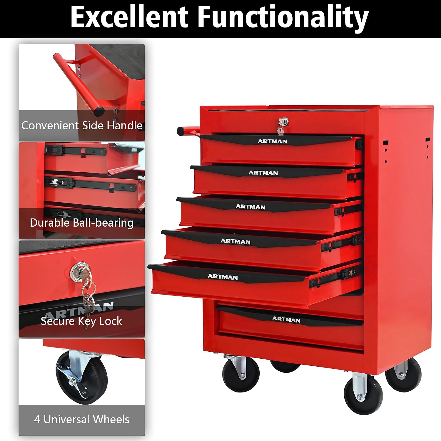 Rolling Tool Chest Cart with 7 Drawers,Storage Tool Cabinet on 4 Wheels. Lockable Tool Cart with Drawer Liners.Steel Tool Box Organizer for Garage,Repair Workshop-Red