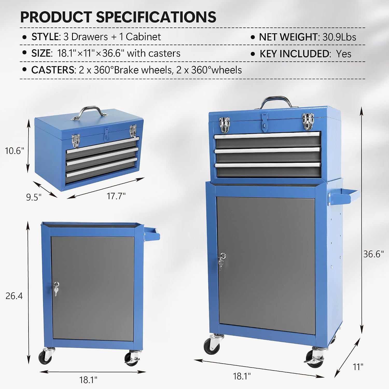Rolling Garage Workshop Tool Organizer: Detachable 3 Drawer Tool Chest with Large Storage Cabinet and Adjustable Shelf
