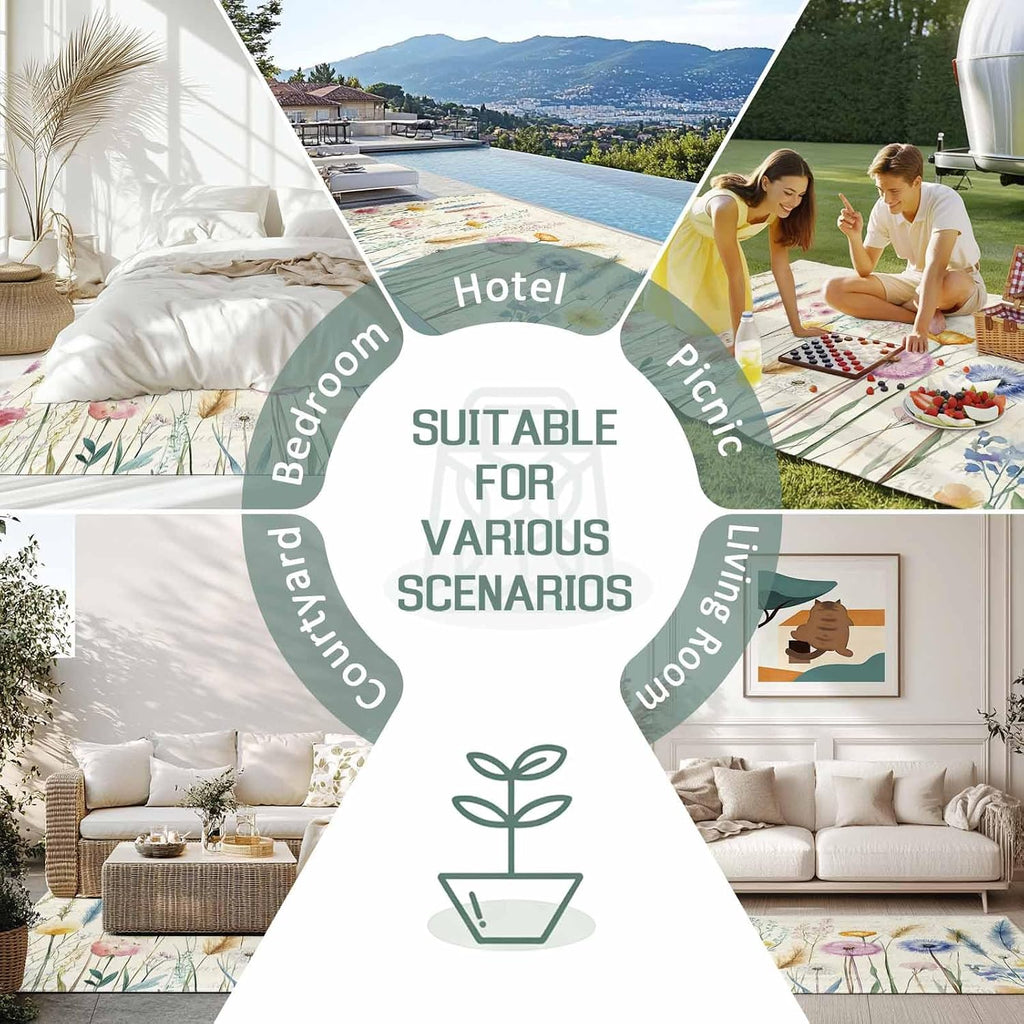 Outdoor Rug 4x6ft Spring Watercolor Flowers Patio Area Rugs Retro Beige Postcard Texture Waterproof Easy Cleaning Non Shedding Thick Mats Carpet for Indoor Outdoor Porch Deck Backyard Balcony