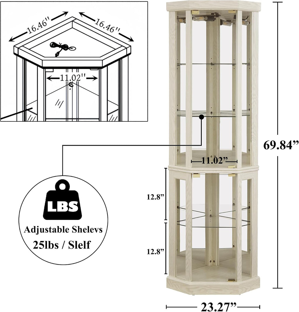 69' H Lighted Curio Cabinet Corner Display Case,Corner Glass Cabinets with Tempered Glass Door and Adjustable Shelves,Wooden Curio Cabinet with Mirrored Back Pane(Style 1 - Antique White)