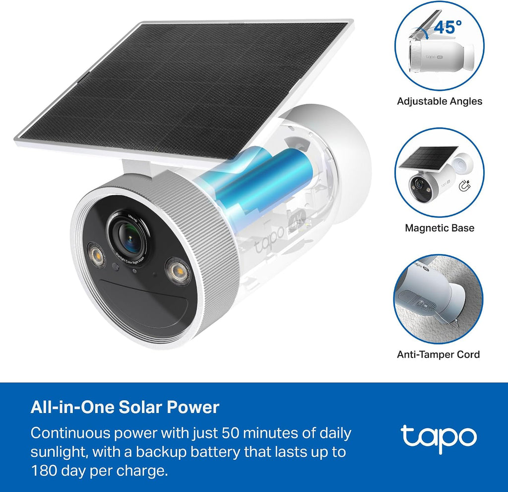 Tapo MagCam 4K Outdoor Wireless Security Camera - Battery with Integrated Solar, Magnetic Mount, Person/Vehicle Detection, 24/7 Capture, Subscription-Free Local Storage or Optional Cloud, C465