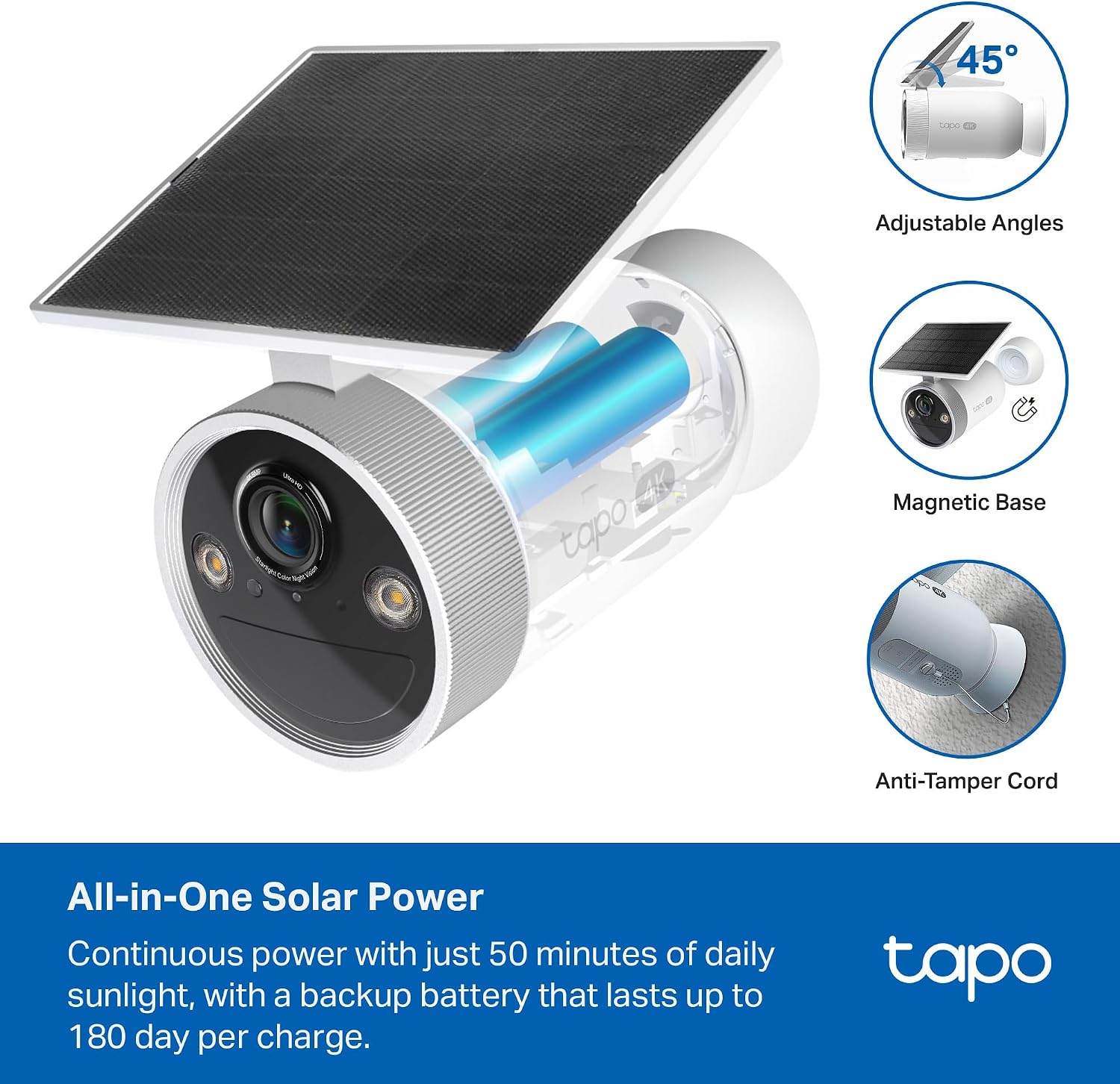 Tapo MagCam 4K Outdoor Wireless Security Camera - Battery with Integrated Solar, Magnetic Mount, Person/Vehicle Detection, 24/7 Capture, Subscription-Free Local Storage or Optional Cloud, C465
