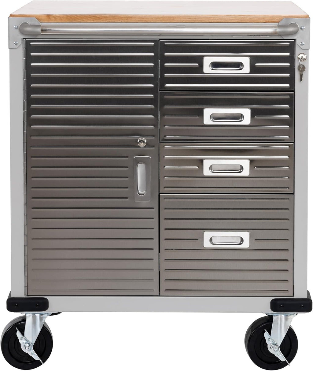 Seville Classics UltraHD Heavy Duty Rolling Cabinet Workbench Table w/Solid Wood Top, Workstation for Garage, Office, Workshop, Granite, 1-Door, 4-Drawer (28' W x 25' D)