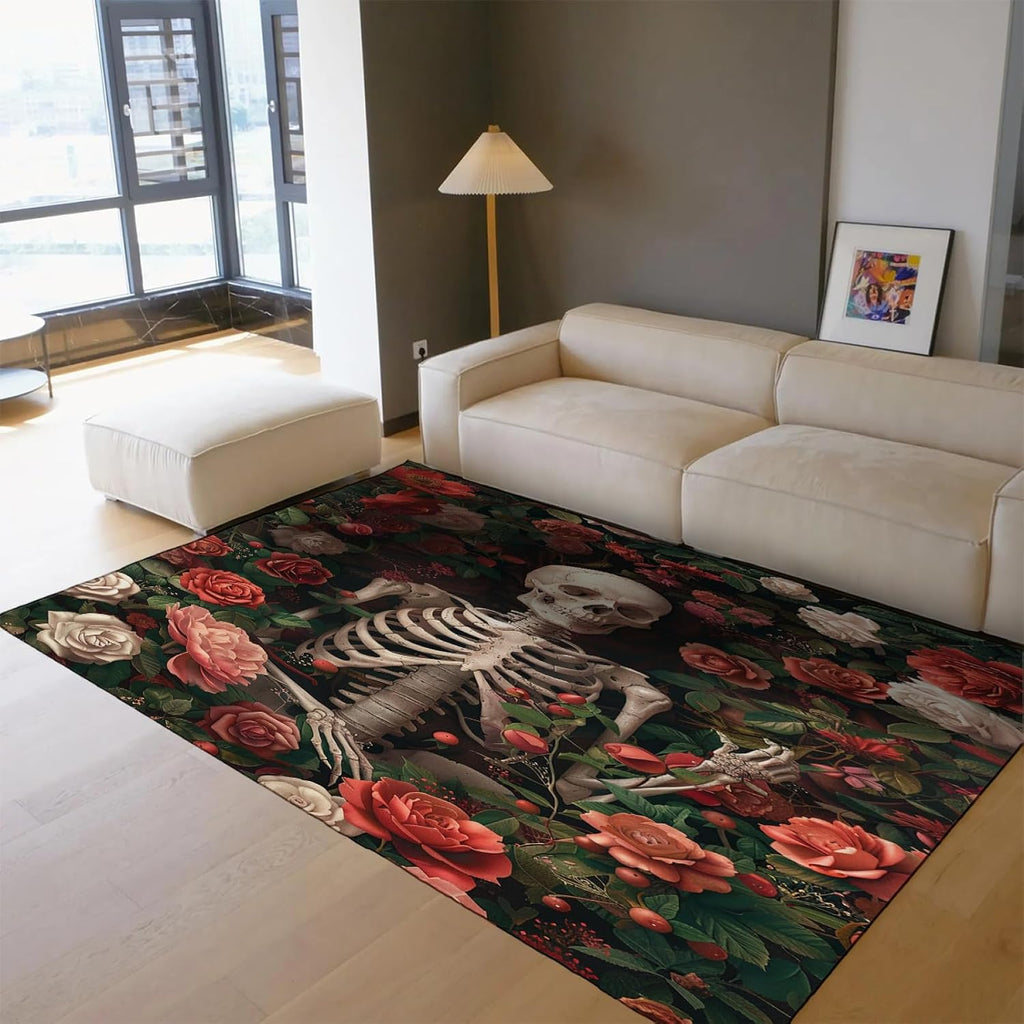 Skull and Flowers Area Rug 3'3''x5' - Rose Garden Doormat for Living Room Modern Floral Easy 3'3''x5' -Cleaning Carpet for Sofa Coffee Tables