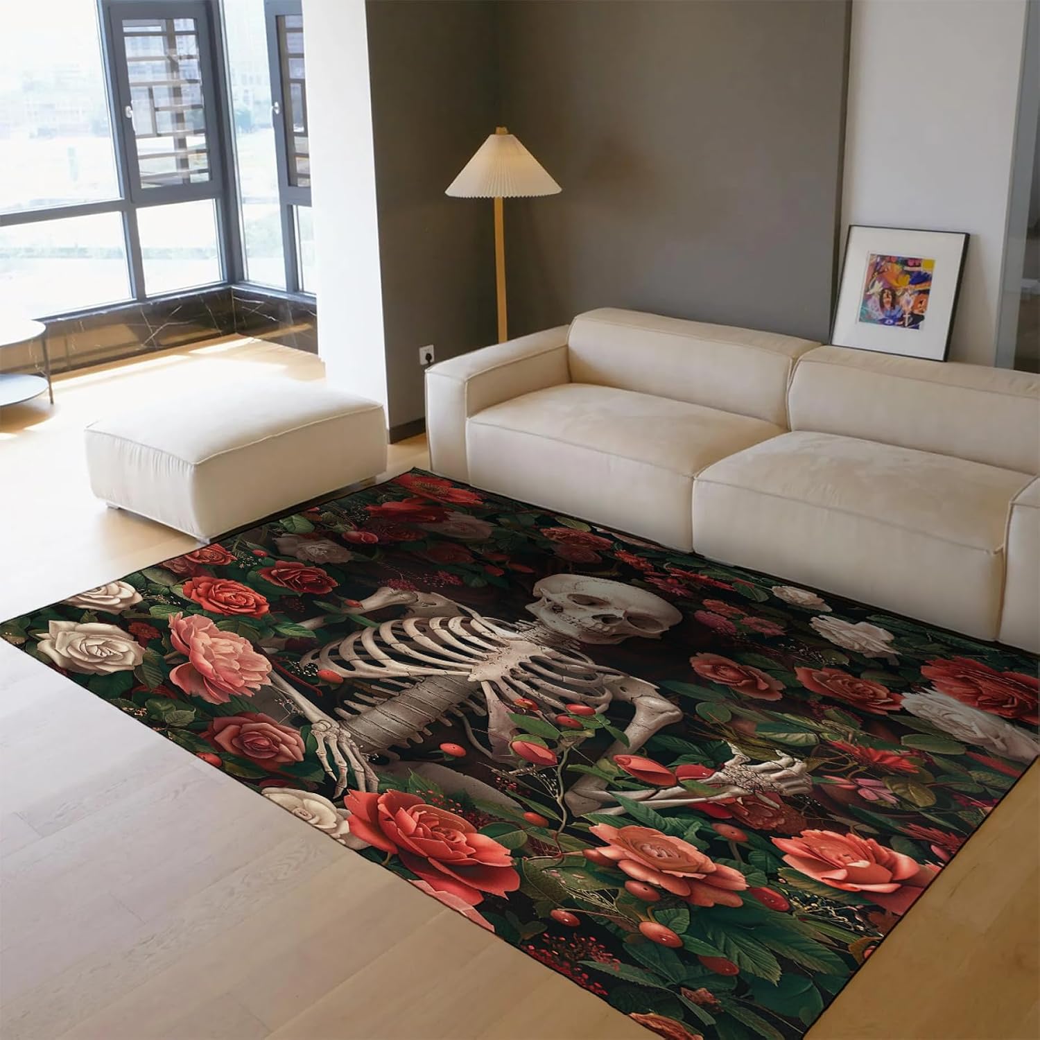 Skull and Flowers Area Rug 5'x8' - Rose Garden Doormat for Living Room Modern Floral Easy 5'x8' -Cleaning Carpet for Sofa Coffee Tables
