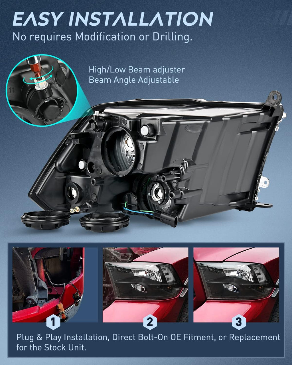 Nilight Headlight and Taillight Assembly Combo Compatible with 2009 2010 2011 2012 2013 2014 2015 2016 2017 2018 Dodge Ram for Quad Models Black Housing Clear Reflector with Dark Red Tail Light