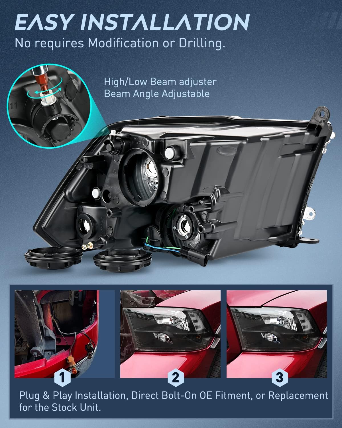 Nilight Headlight and Taillight Assembly Combo Compatible with 2009 2010 2011 2012 2013 2014 2015 2016 2017 2018 Dodge Ram for Quad Models Black Housing Clear Reflector with Dark Red Tail Light