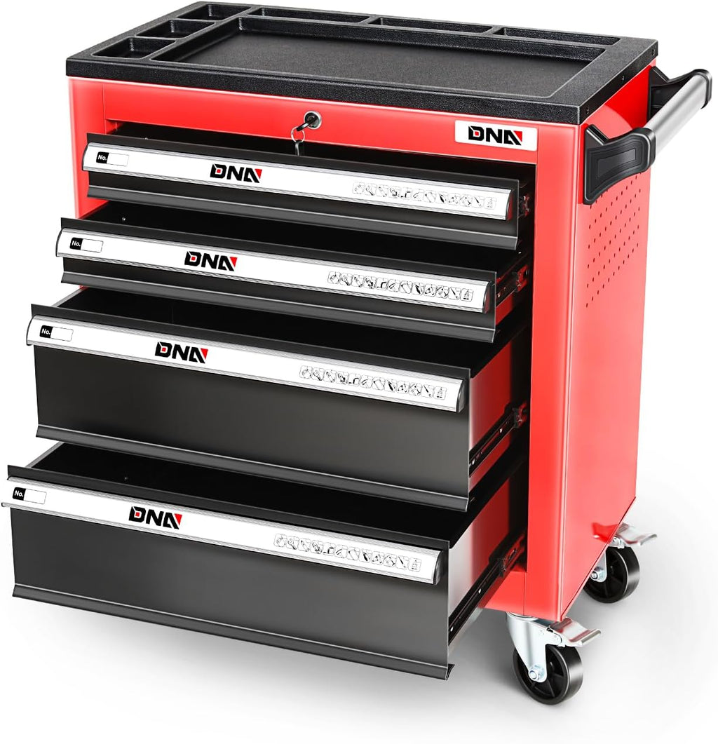 DNA Motoring 4-Drawer Rolling Tools Chest, Rolling Tool Storage Cabinet, Heavy Duty Mechanic Tool Cart, Trolley Organizer for Garage, Warehouse, Workshop, Red, TOOLS-00401