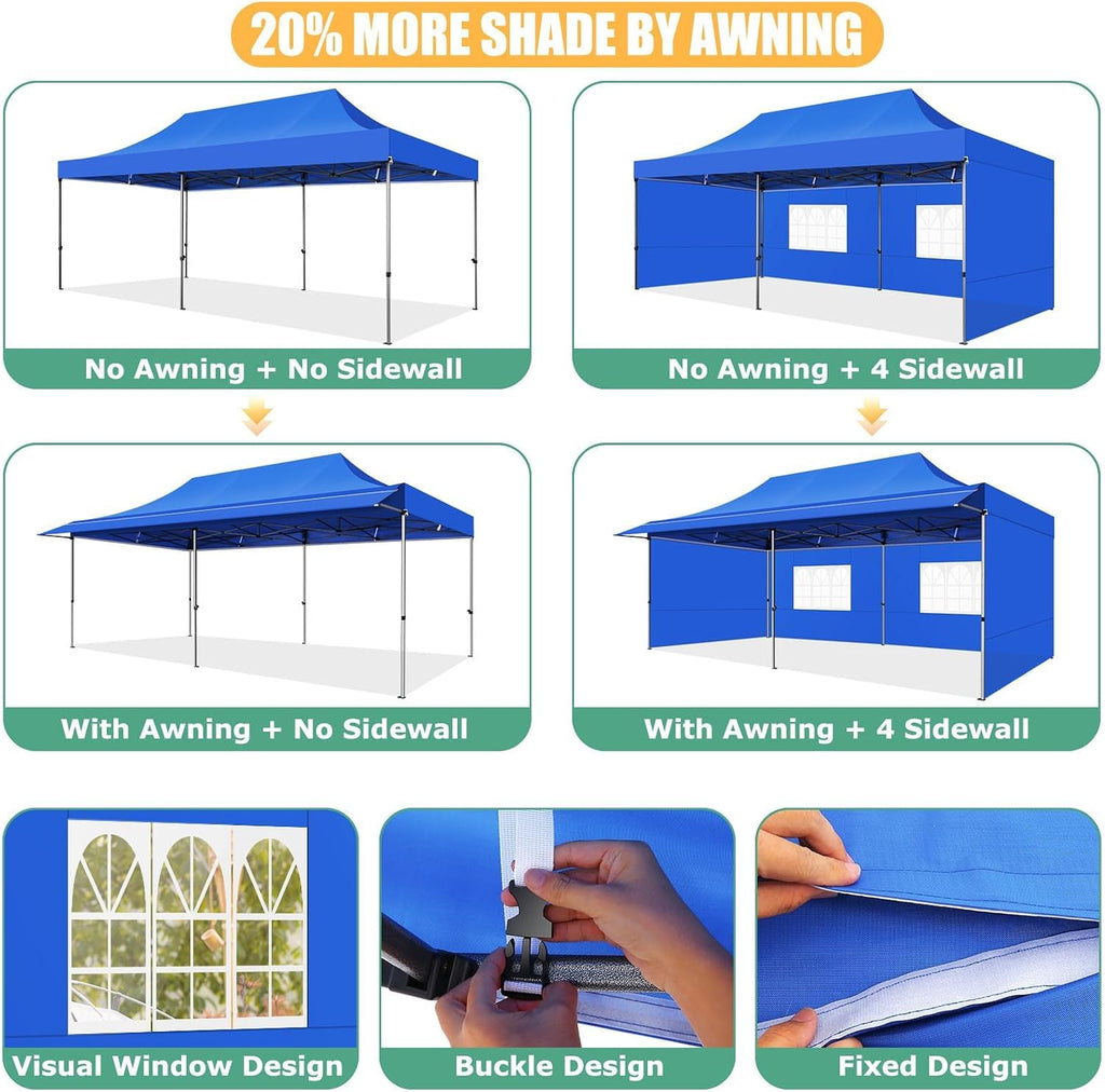 COBIZI 10x20 Pop Up Canopy Tent with Awning,Heavy Duty Canopy UPF 50+ All Season Wind Waterproof Commercial Outdoor Street Vendors Party Tents for Parties Canopy with Roller Bag(10 x 20 ft Blue)