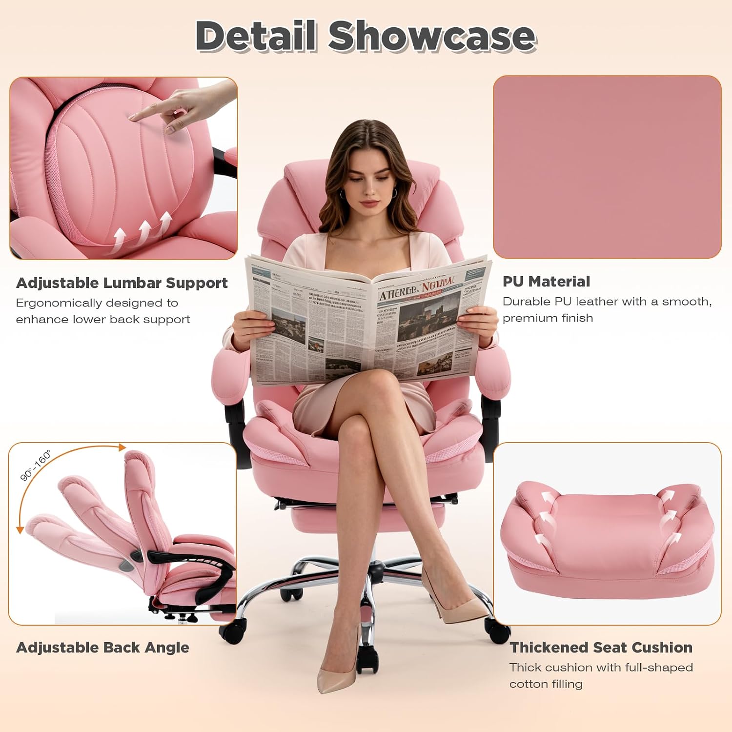 Comfy Reclining Office Chair with Footrest for Women Wide Seat Big Tall Computer Gaming Chair, 500lb Plus Size Ergonomic Recliner Office Desk Chair with Leg Rest, Pink