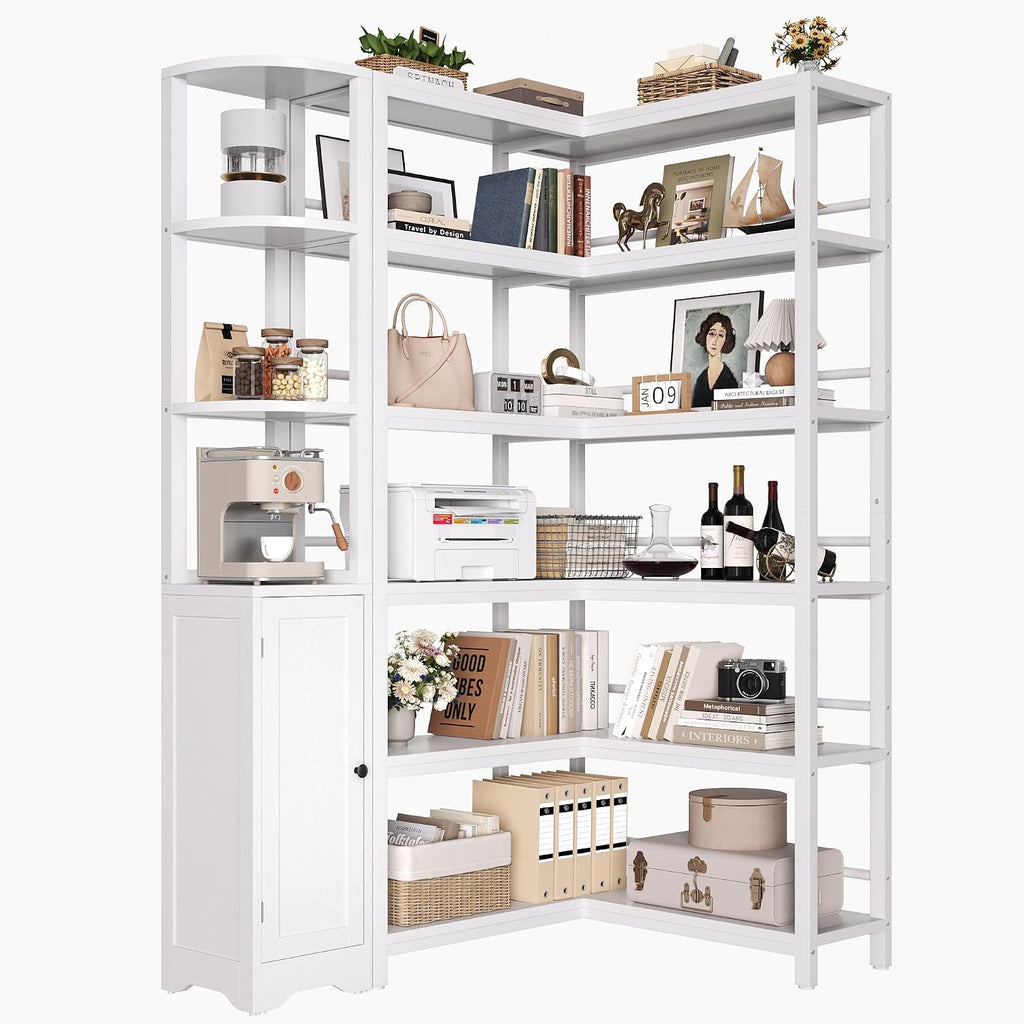 Keyluv 72' Tall Corner Bookshelf with Door, 6-Tier L Shaped Bookshelves and Bookcase with Storage Cabinet, 2 Pieces Individual Convertible Book Shelf, Display Shelf for Home Office Living Room, White