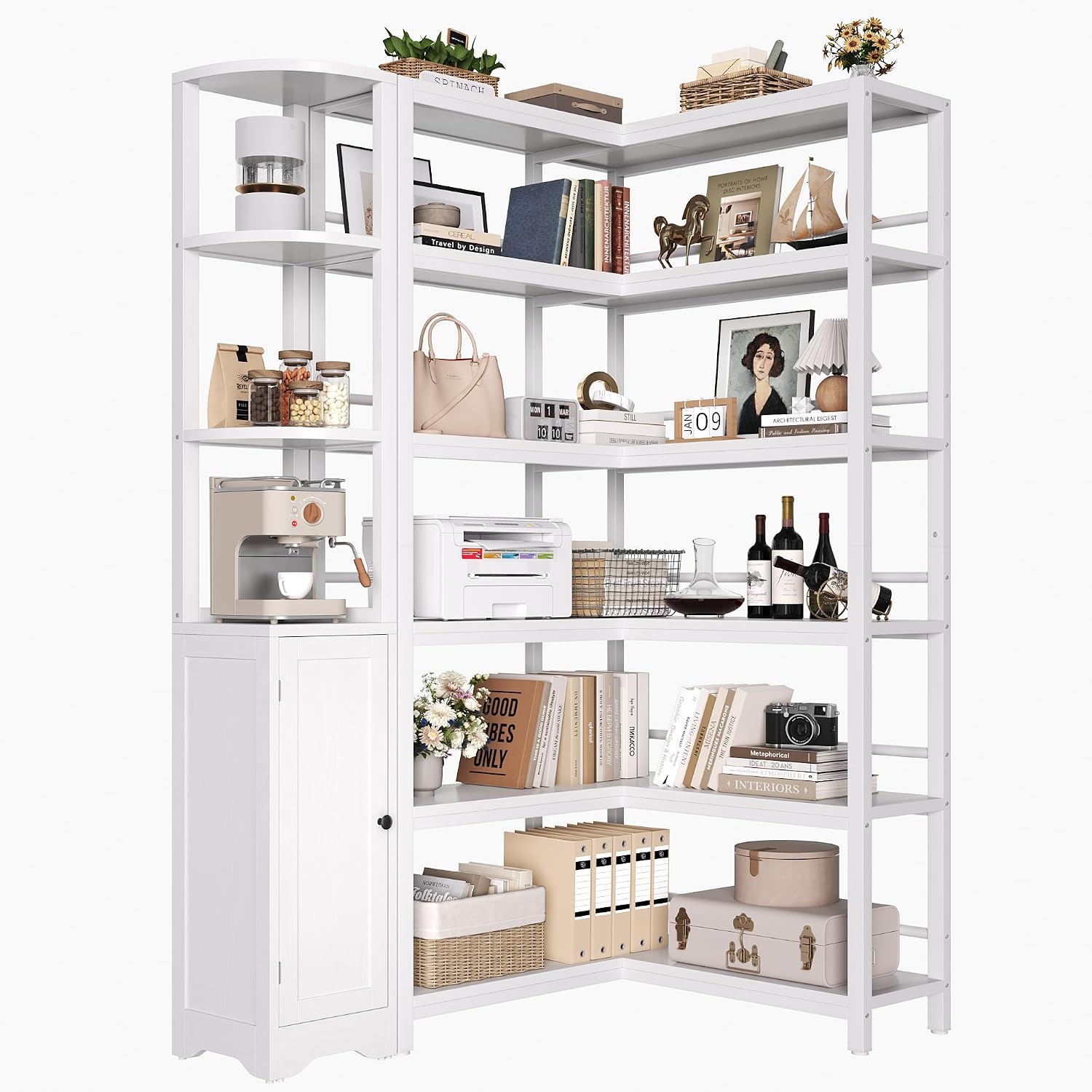 Keyluv 72' Tall Corner Bookshelf with Door, 6-Tier L Shaped Bookshelves and Bookcase with Storage Cabinet, 2 Pieces Individual Convertible Book Shelf, Display Shelf for Home Office Living Room, White