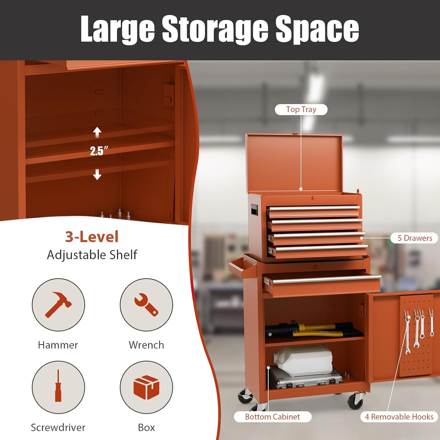 S AFSTAR 5-Drawer Rolling Tool Chest, Lockable Wheels, Adjustable Shelf & Anti-Slip Liner, Detachable Tool Box Organizer, Garage Workshop (Orange)
