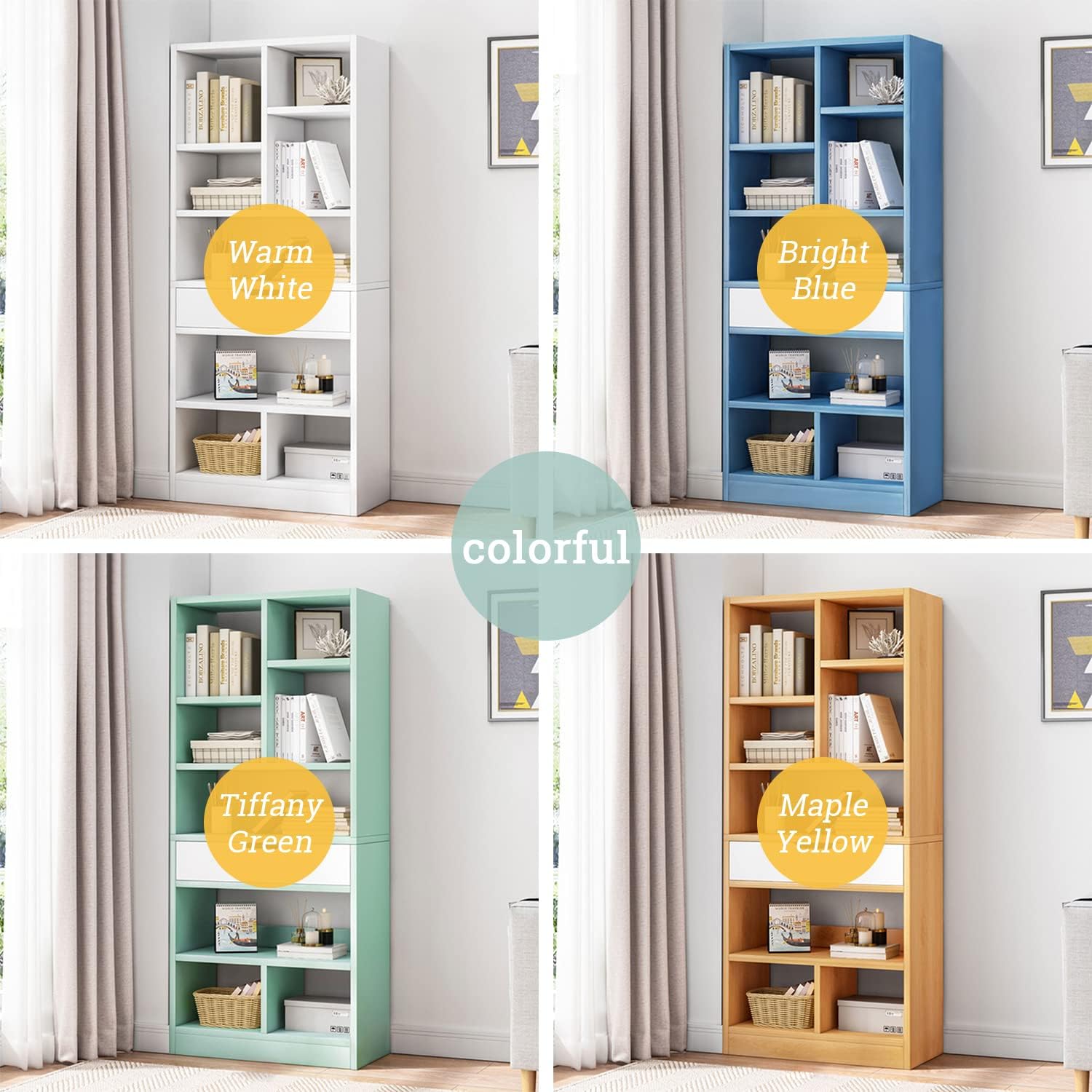 IOTXY Wooden Open Shelf Bookcase - 51' Height Freestanding Display Storage Cabinet Organizer with 7 Cubes and a Drawer, Floor Standing Bookshelf, Blue