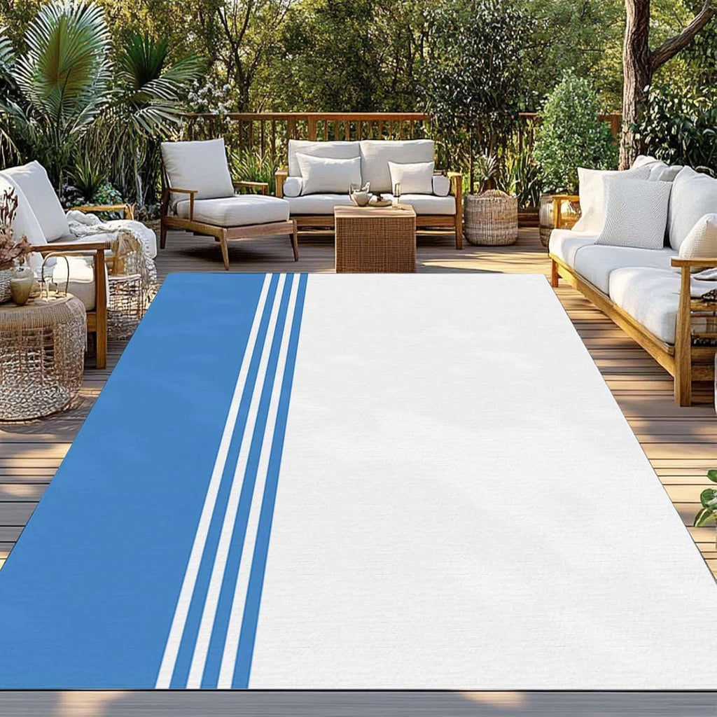 Outdoor Rug 4x6ft Farmhouse Classic Geometric Blue Stripes Patio Area Rugs Waterproof Easy Cleaning Non Shedding Thick Mats White Carpet for Indoor Outdoor Porch Deck Backyard Balcony
