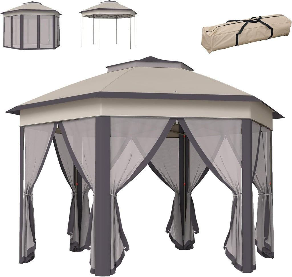 Outsunny 13' x 13' Pop Up Gazebo, Hexagonal Canopy Shelter with 6 Zippered Mesh Netting, Event Tent with Strong Steel Frame for Patio Backyard Garden Wedding Party, Coffee and Beige