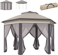 Outsunny 13' x 13' Pop Up Gazebo, Hexagonal Canopy Shelter with 6 Zippered Mesh Netting, Event Tent with Strong Steel Frame for Patio Backyard Garden Wedding Party, Coffee and Beige