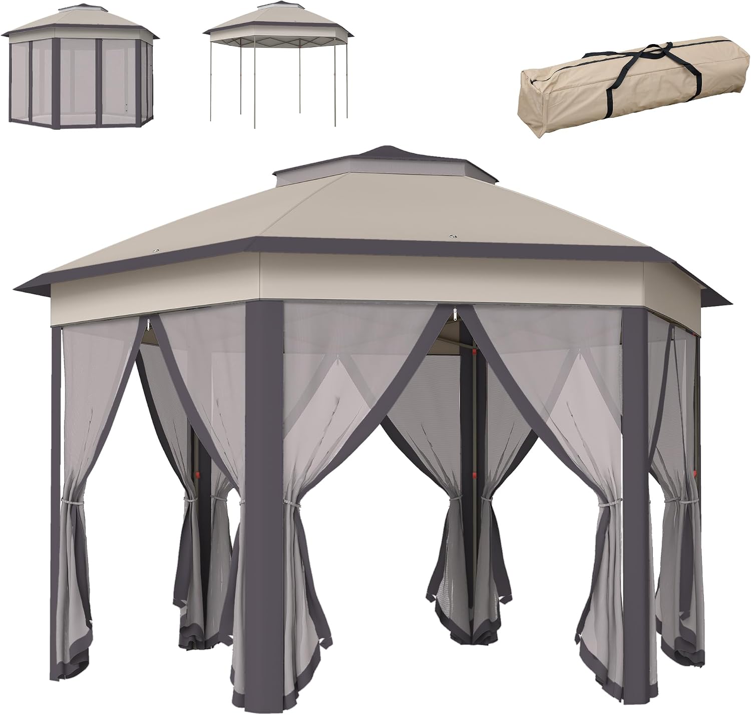 Outsunny 13' x 13' Pop Up Gazebo, Hexagonal Canopy Shelter with 6 Zippered Mesh Netting, Event Tent with Strong Steel Frame for Patio Backyard Garden Wedding Party, Coffee and Beige