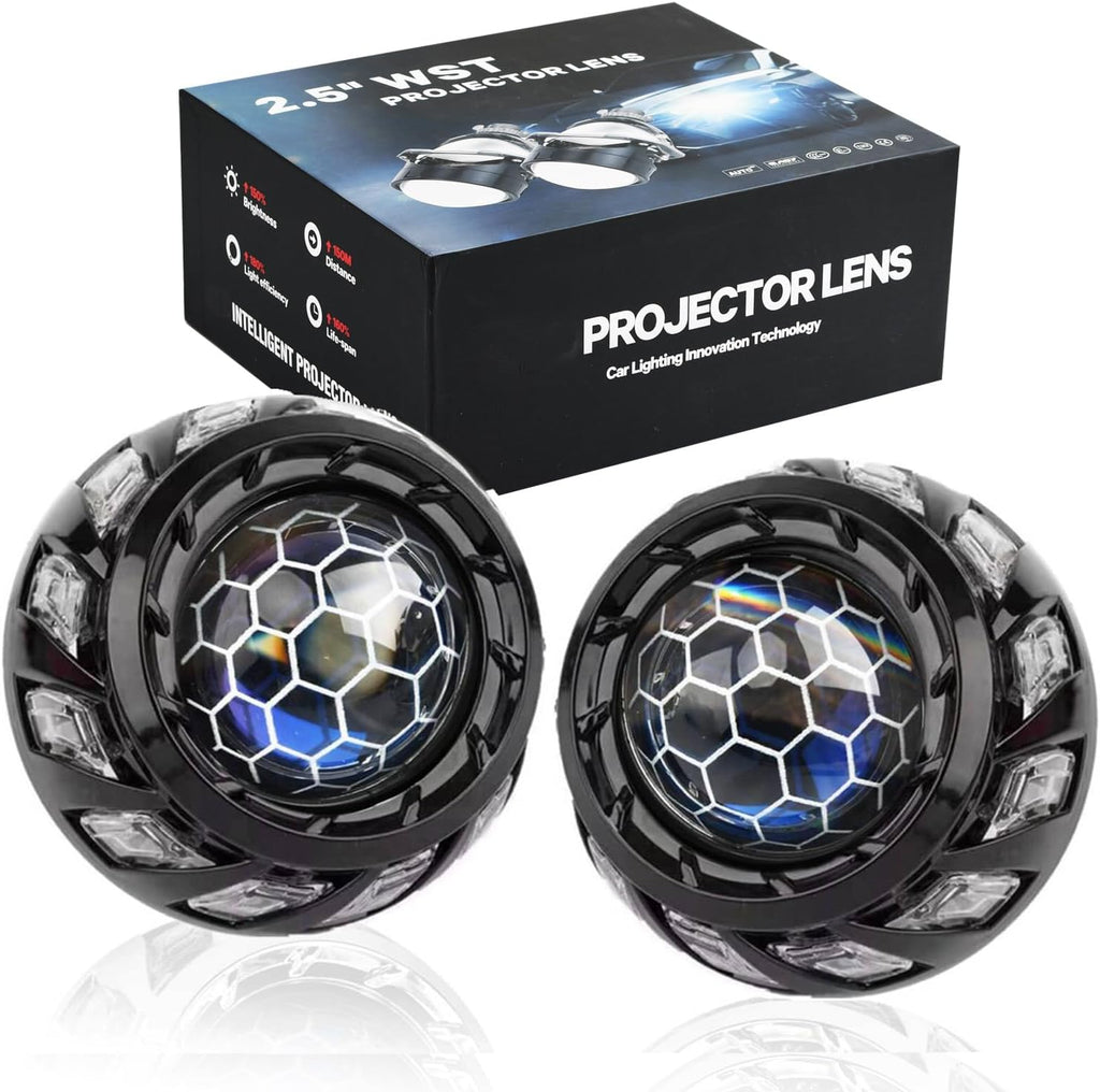 2.5inch Honeycomb Bi LED Projector Lenses with High Low Beam-70W 20000LM 6000K White For H7 H4 Headlight Car Light White/Yellow Turn Signal Headlamp Car Accessories