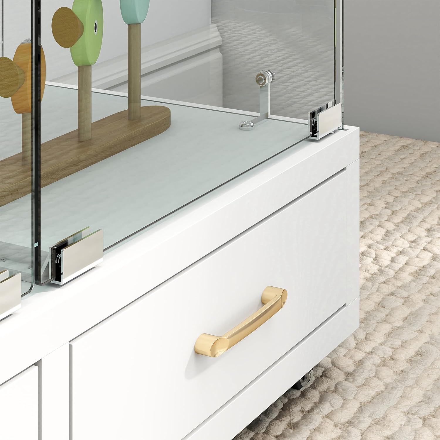 Modern Glass Display Cabinet with LED Light 4-Shelf Curio Cabinets with Storage Drawer and Wheels,Tempered Glass Display Shelf Bookcase for Living Room Home Office