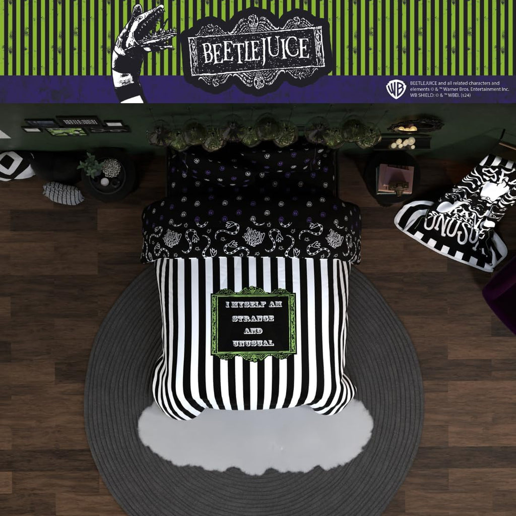 Franco Collectibles Beetlejuice Halloween Striped Bedding 5 Piece Super Soft Reversible Comforter and Sheet Set, Queen, (Officially Licensed Product)