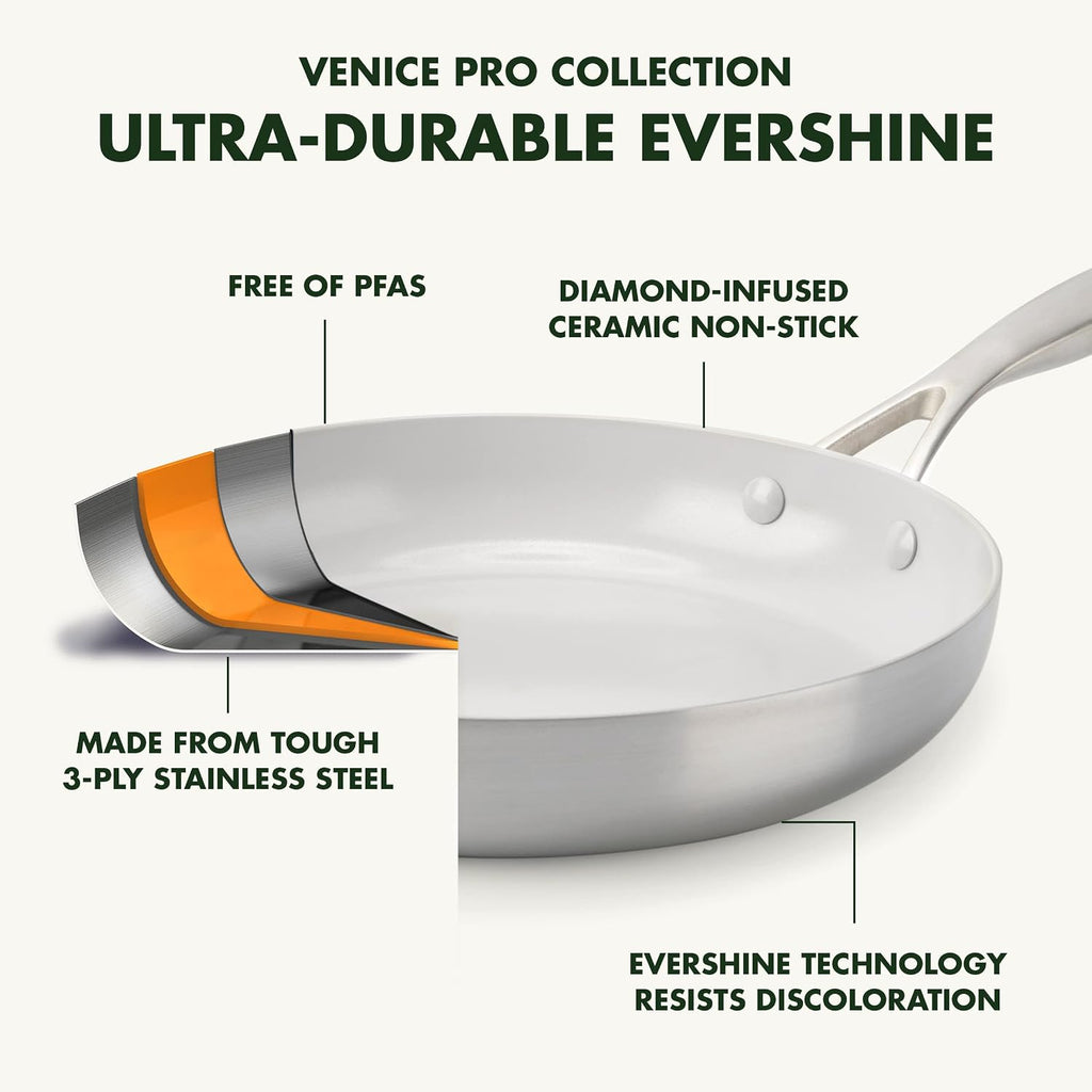 GreenPan Venice Pro 10 Piece Cookware Set, Stainless Steel Non-Toxic PFAS-Free with Ceramic Nonstick Coating, Induction Suitable, Glass Lids, Multi Clad, Dishwasher & Oven Safe, Silver