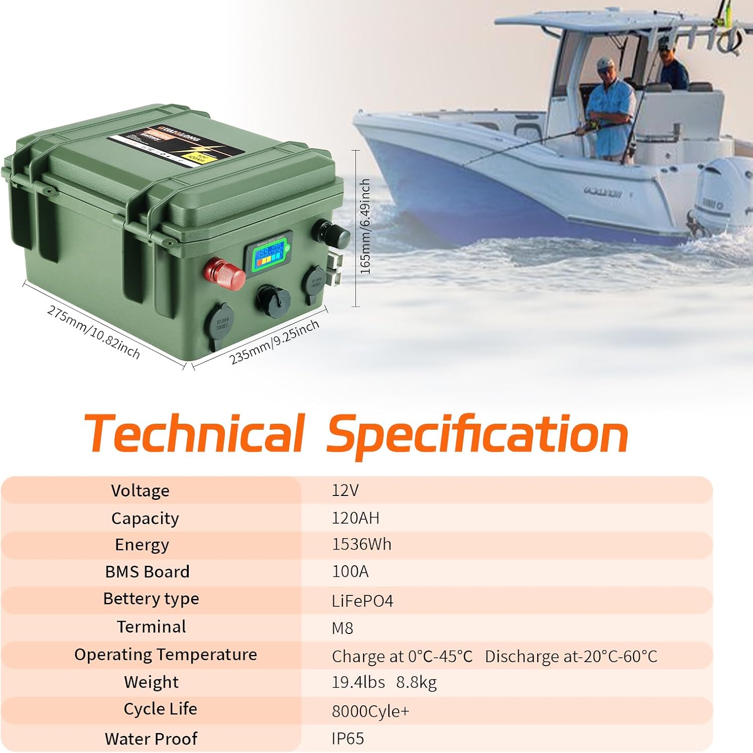 12V 120Ah LiFePO4 Battery,Marine Battery Built-in 100A BMS 1536Wh,8000+ Deep Cycle Lithium Batteries 12V for Trolling Motor,Boat,RV,Solar and Off Grid Applications
