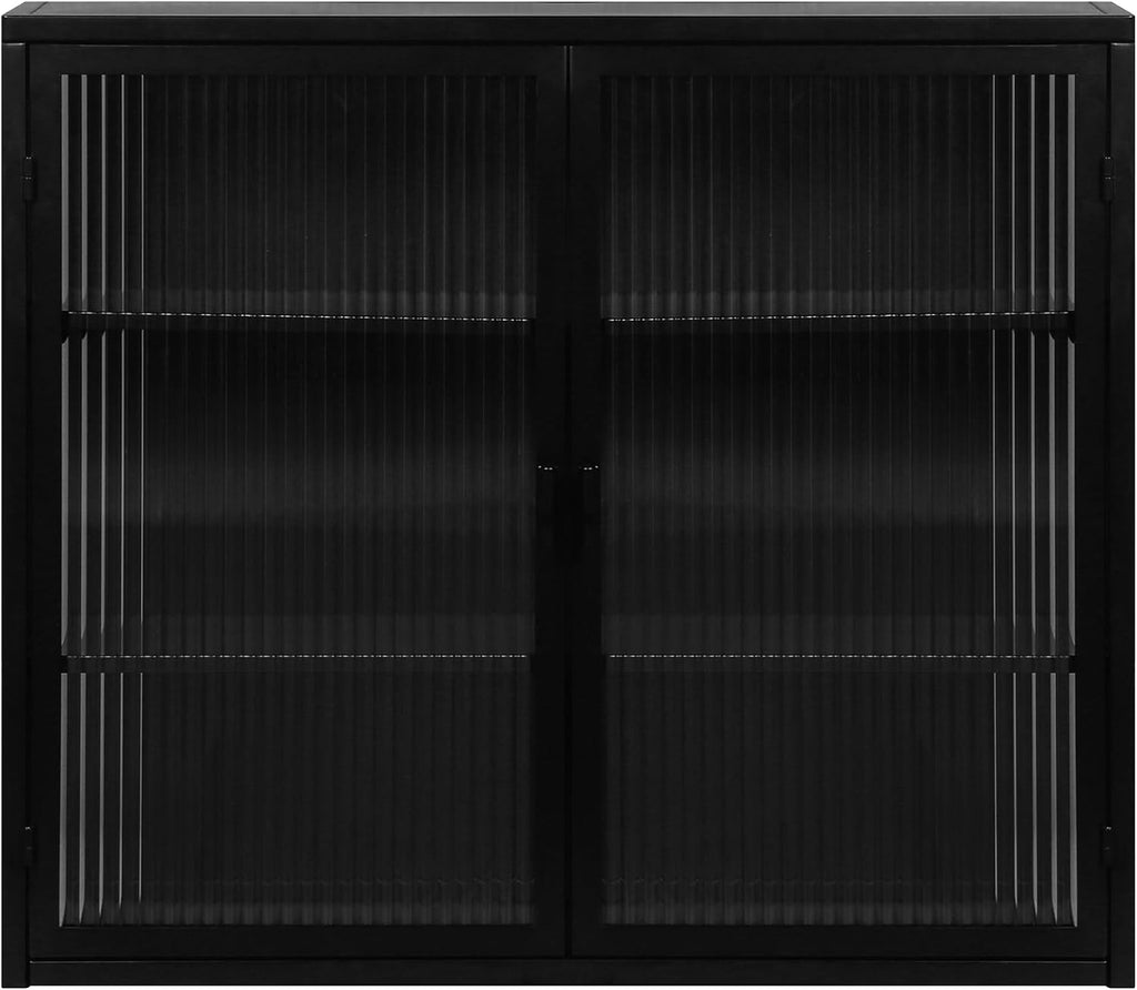 Retro Style Haze Double Glass Door Wall Cabinet with Detachable Shelves for Office, Dining Room,Living Room, Kitchen and Bathroom Black